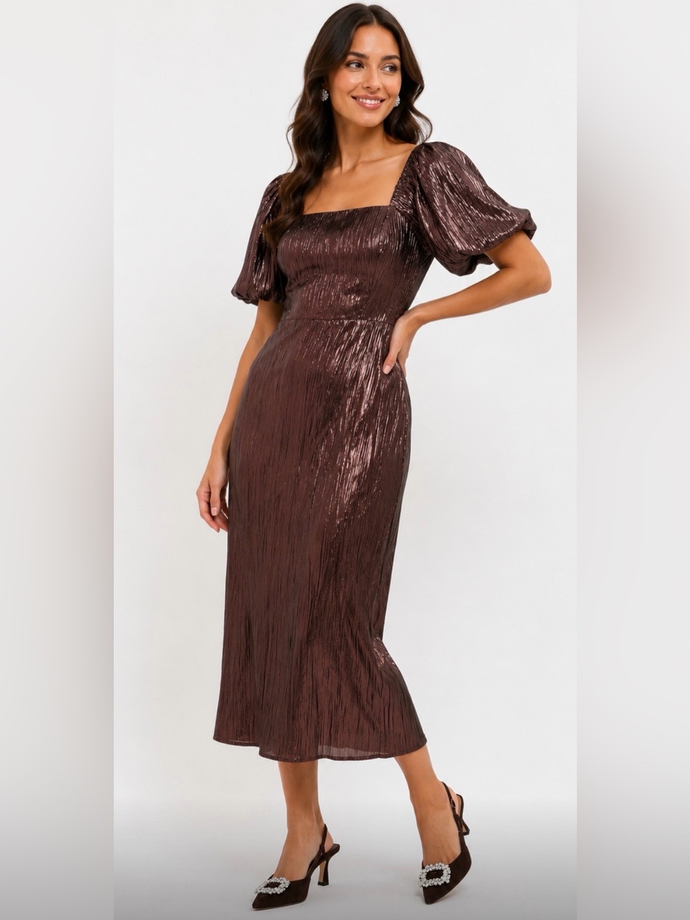 The Gladys Metallic Brown Puff-Sleeve Midi Dress
